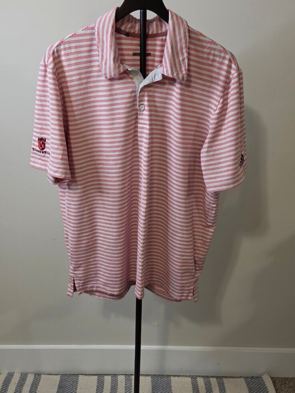 Mens Adidas Golf Stonebriar Red and White Feeder Stripes Polo Size Large